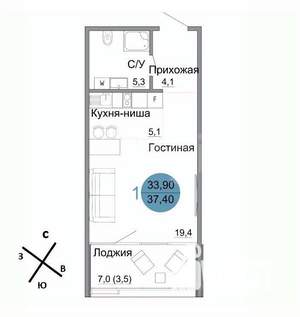 Студия квартира, вторичка, 37м2, 1/4 этаж