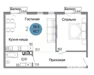 2-к квартира, вторичка, 61м2, 3/4 этаж