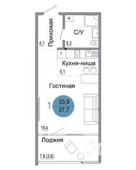 1-к квартира, вторичка, 38м2, 1/4 этаж