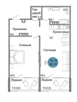 2-к квартира, вторичка, 83м2, 4/4 этаж