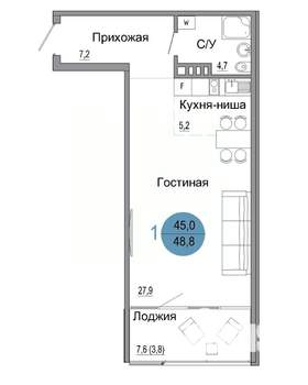 1-к квартира, вторичка, 49м2, 3/4 этаж