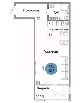 1-к квартира, вторичка, 49м2, 3/4 этаж