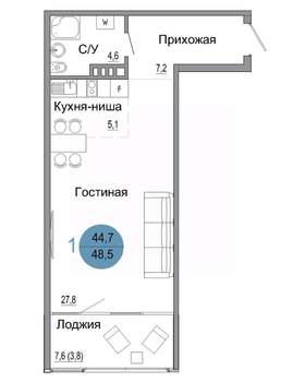 1-к квартира, вторичка, 49м2, 3/4 этаж