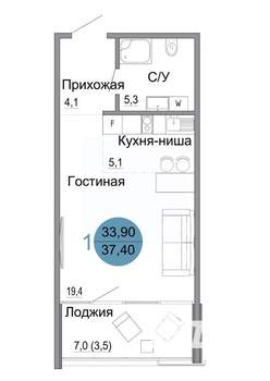 1-к квартира, вторичка, 37м2, 1/4 этаж